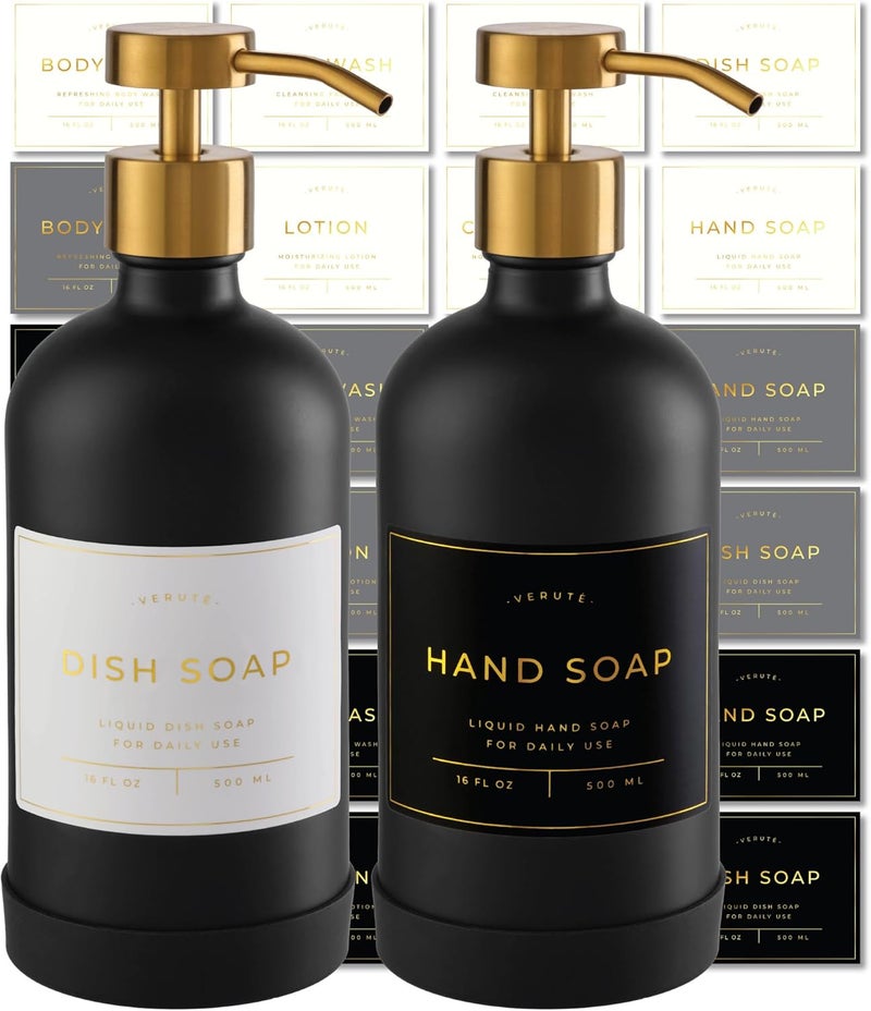 Verute Hand and Dish Soap Dispenser for Kitchen and Bathroom, Set of 2 16 Oz Glass Bottles, Stainless Steel Pumps, Non-Slip Silicone Base, 27 Waterproof Labels (Matte Black Bottle/Brushed Gold Pump) - Image 1